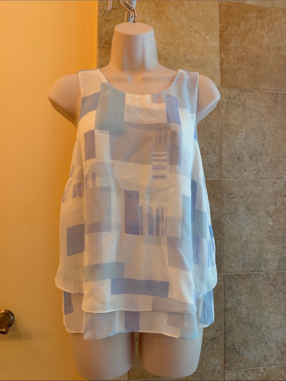 Joie women's 100% Silk tank top Geometric Layered - Light Blue & White XS